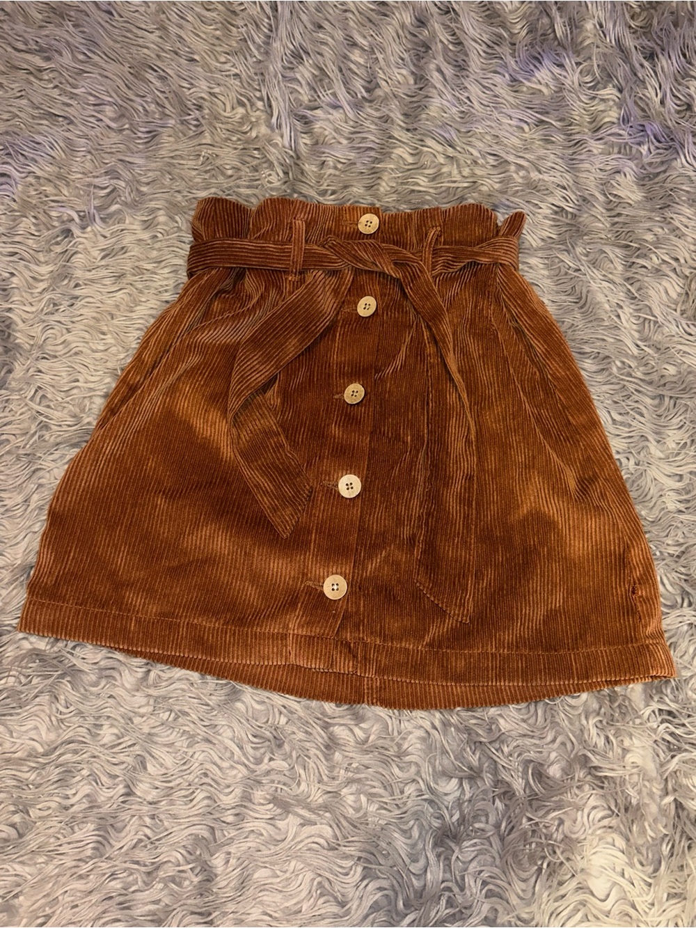 Indigo Brown Corduroy Button-Front Mini Skirt with Tie Waist